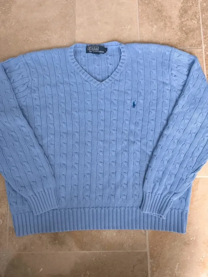 Pull col V torsadé Ralph Lauren L bleu logo marine excellent état - photo numéro 2