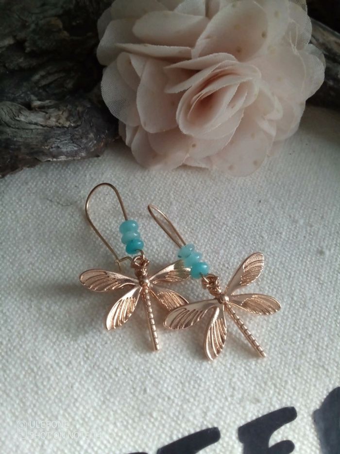 Boucles d'oreilles bohèmes libellules pierres amazonite naturelles - photo numéro 3