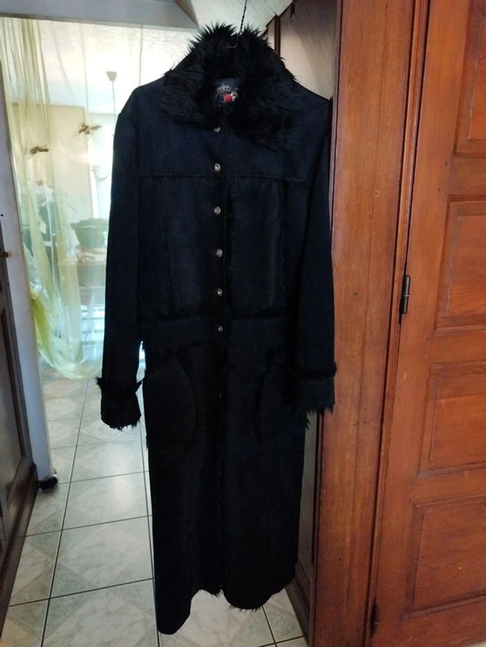 Manteau long noir fausse fourrure faux fur black coat L/40 vintage y2k - photo numéro 2