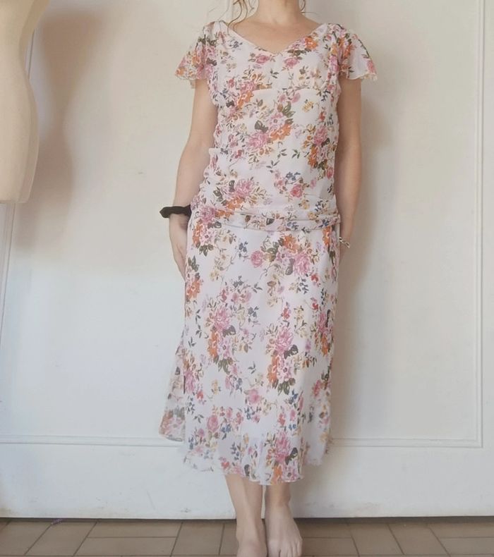 robe femme vintage fleurie en voile doublée taille M 38 - photo numéro 3