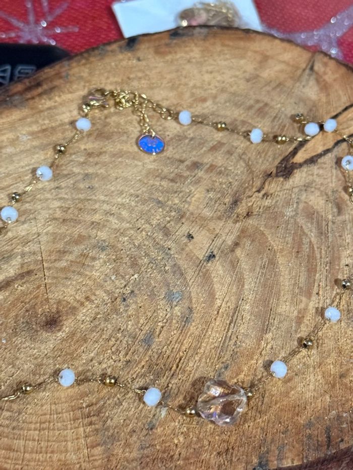 Collier réglable acier inoxydable or perle et trèfle rose pastel - photo numéro 6