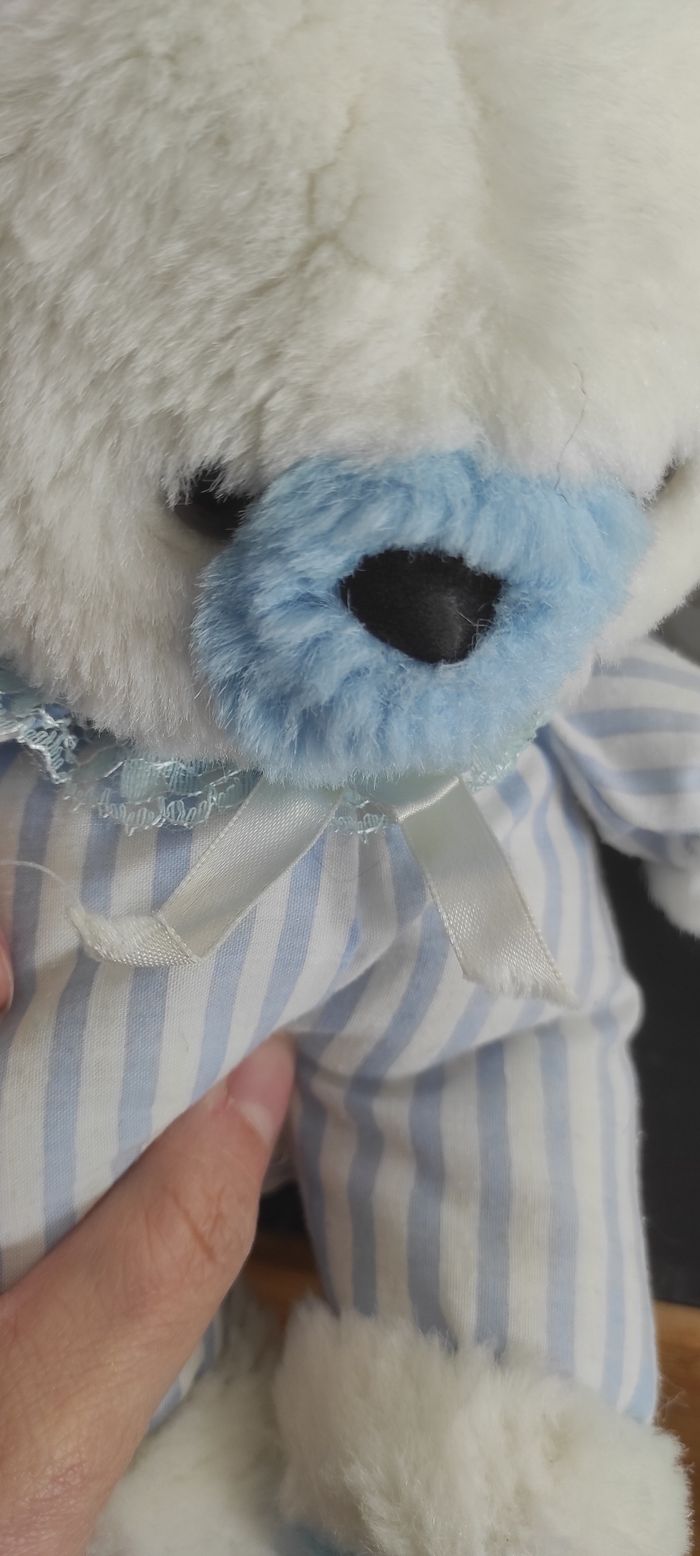 doudou peluche ours blanc bleu rayé ancien esbe point de vue rayure dentelle - photo numéro 4