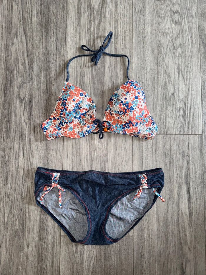 Maillot de bain deux pièces à fleurs effet jean T34/36 XS/S