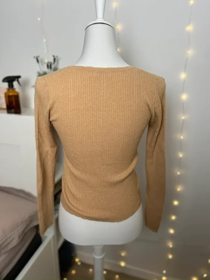Pull col V crème/orange camaïeu taille S - photo numéro 2