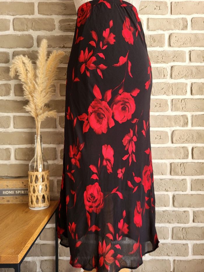 Jupe longue noir imprimé rose rouge - Vintage Made in France - photo numéro 2