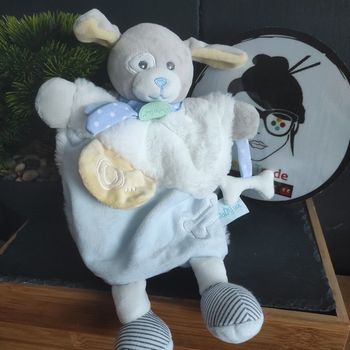 doudou Baby nat Chien Bleu Jaune BN0282 Les Douillettes Marionnette Os Pois Rayé #geektradedoudou