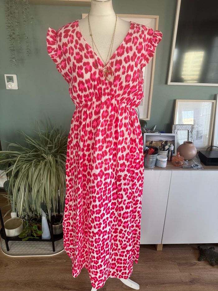 Robe en gaz de coton taille S/M/L rouge Fushia blanc léopard - photo numéro 2