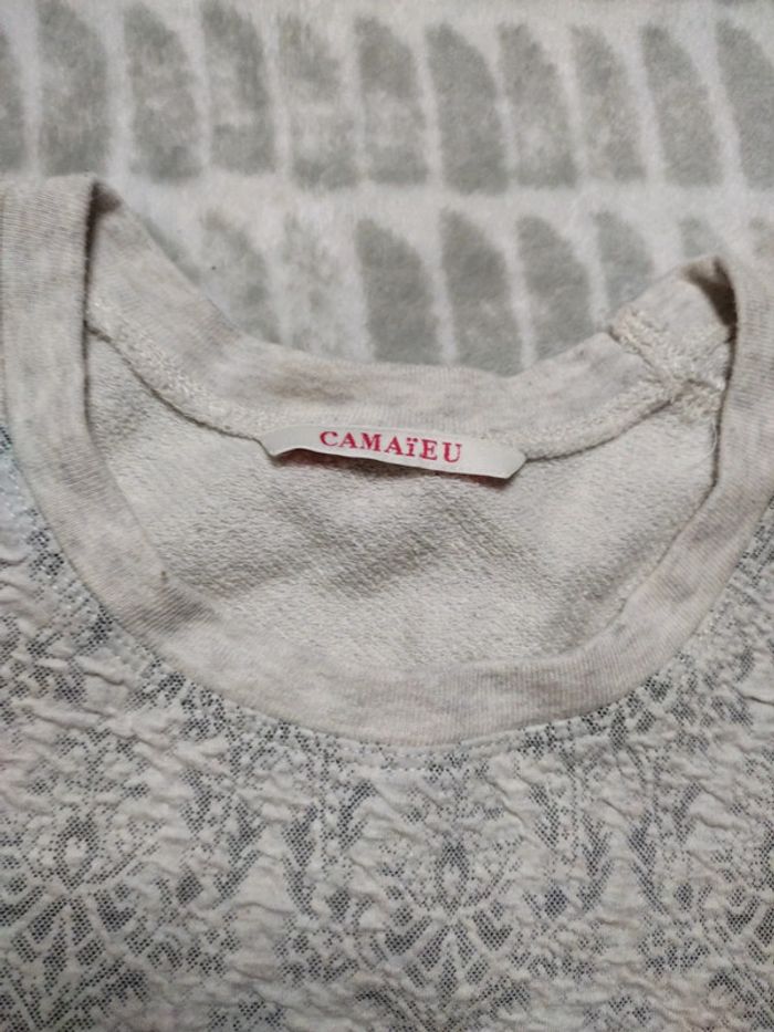 Sweat gris beige effet dentelle camaïeu taille 36 - photo numéro 3