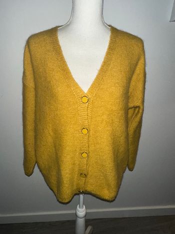 Cardigan oversize loose jaune moutarde en laine et alpaga Vintage  T44 XXL
