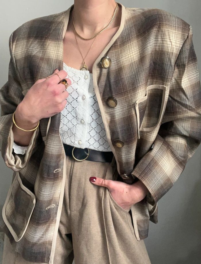Veste droite rétro et oversize motif carreaux / rayure marron et beige - photo numéro 8