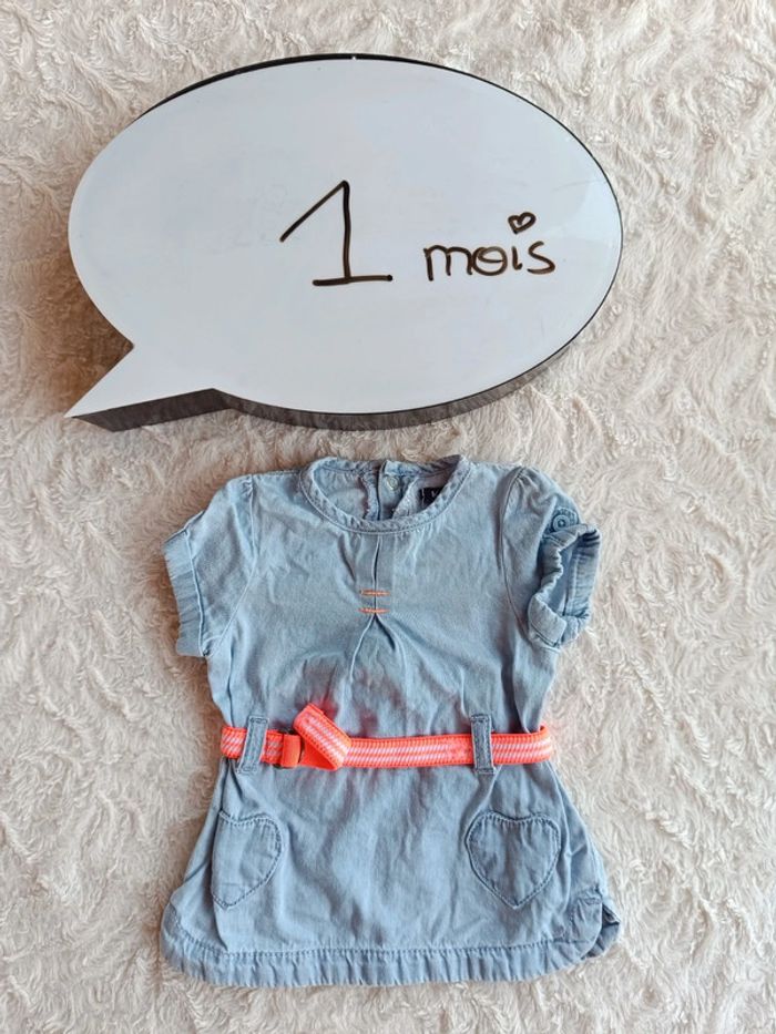 Robe jeans manches courtes+ ceinture offerte Fille 1 mois Kiabi