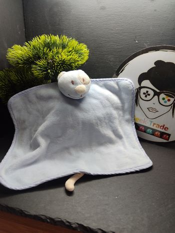 doudou plat chat bleu blanc crème tex carré ancien vintage Carrefour Cocard 3721