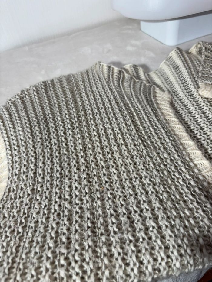 Gilet sans manches en grosse maille avec bouton - Beige/Gris - photo numéro 3