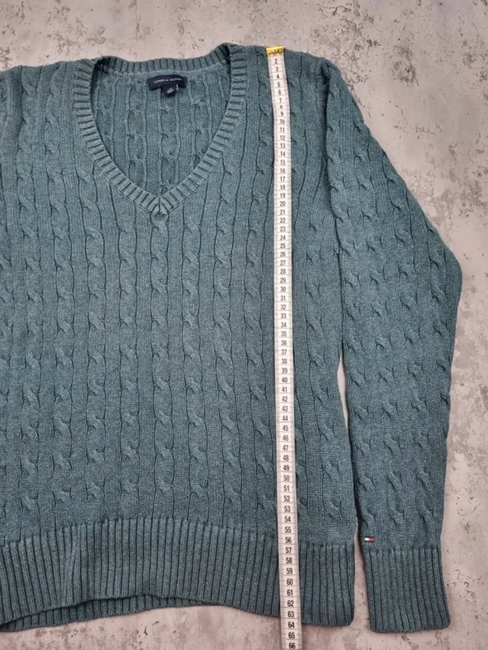 Pull col V torsadé Tommy Hilfiger vert – Taille L Femme (mesures en photos) - photo numéro 9