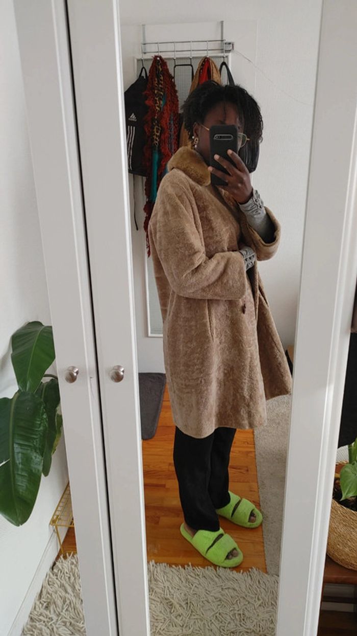 Beau manteau vintage en shearling montone peau de mouton retourné laine S M - photo numéro 20