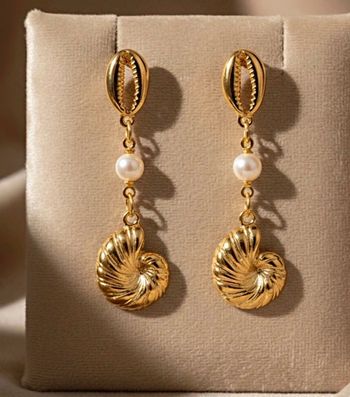 Boucles d'oreilles acier inoxydable or - Pendentifs coquillages cauri, spirale et perle nacrée