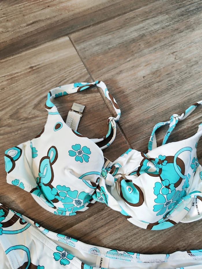 Maillot de bain deux pièces blanc , marron et turquoise Janine Robin Taille 44 - photo numéro 3
