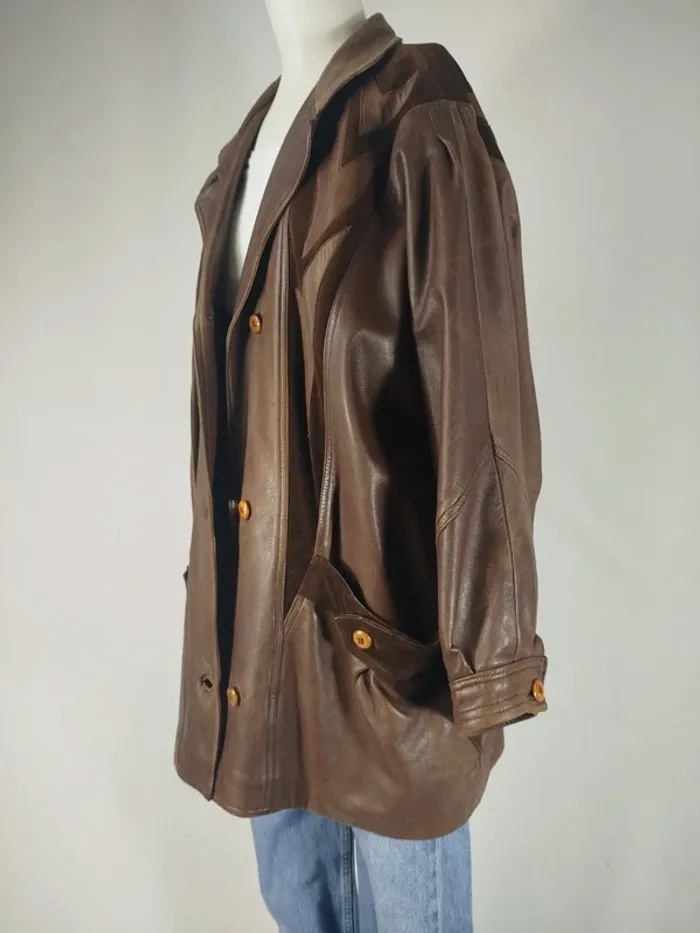 Veste en cuir vintage marron à motif A832 - photo numéro 2