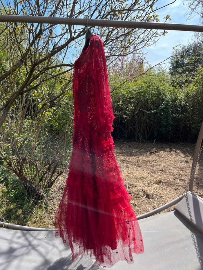 Robe longue Rouge voile paillettes jupon froufrou T 40 - photo numéro 20