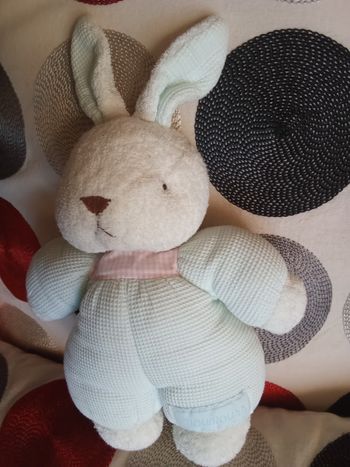 Doudou lapin Nounours vert clair proche bleu clair vichy rose blanc nez brodé marron tissu  nid d'abeilles et éponge blanc  bouclettes  blanches grelot hochet d'occasion