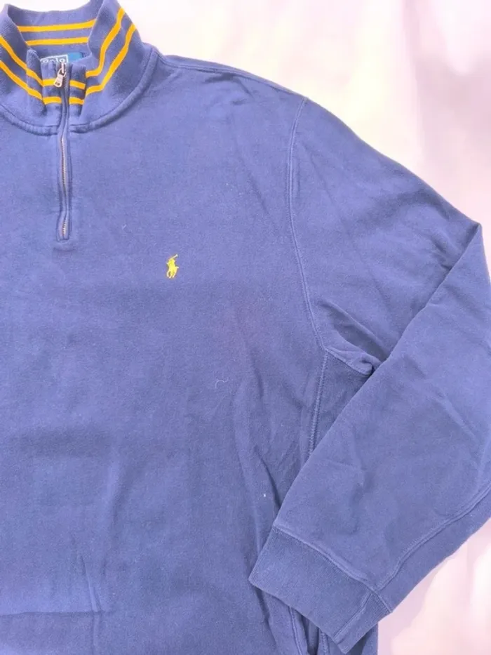 Pull homme 1/4 zippé Ralph Lauren taille XL Bleu avec col rayé jaune - photo numéro 6