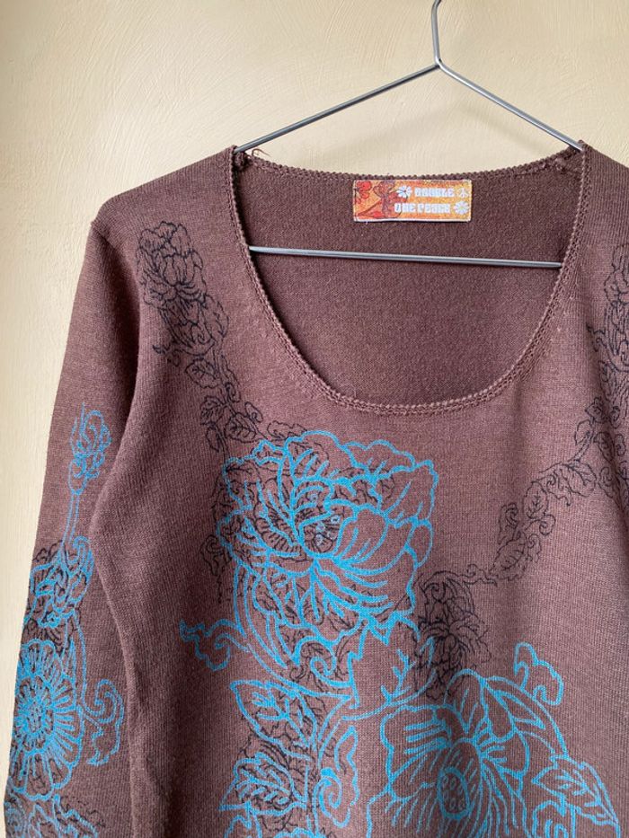 Pull marron à motifs fleurs DOP M - photo numéro 3