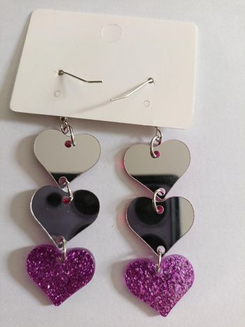 Boucles d'oreilles Triple Cœurs Miroir & Paillettes (Neuves)