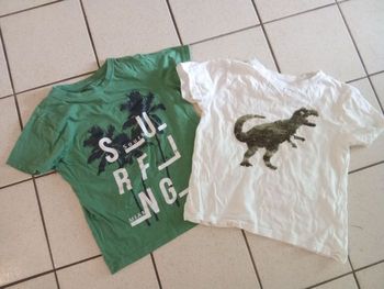 Lot de 2 tee shirts garçon 8 ans, mi saison, été, blanc, sequin, dinosaures, vert, motifs, blanc