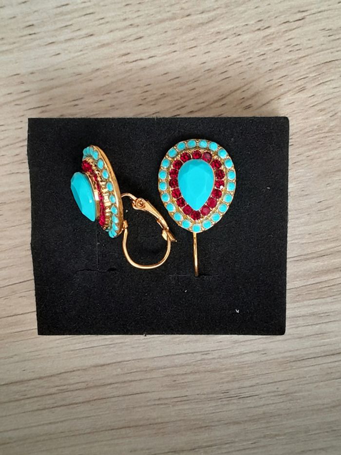 Boucles d'oreilles turquoise, strass rouges  style vintage,dorées - photo numéro 3