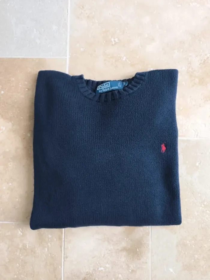 Pull col rond texturé marine logo rouge Ralph Lauren L