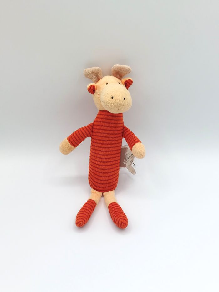 Petit doudou peluche élan cerf beige orange les loupiots du MOULIN ROTY 21 cm rayures renne
