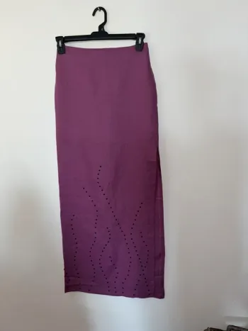 Jupe droite très longue en lin brodé main taille 38