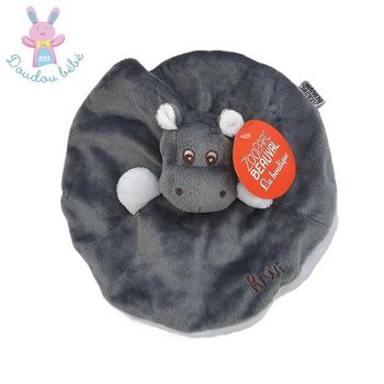 Doudou plat Hippopotame Kiwi rond gris blanc ZOO DE BEAUVAL