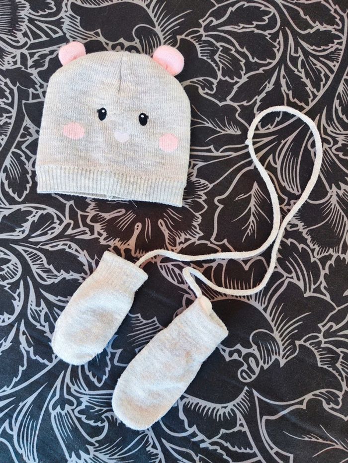 Bonnet molletonné fille pailleté et moufles