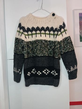 Gros Pull handmade en laine écru et vert, noir et gris, mélange de laine taille M estimée