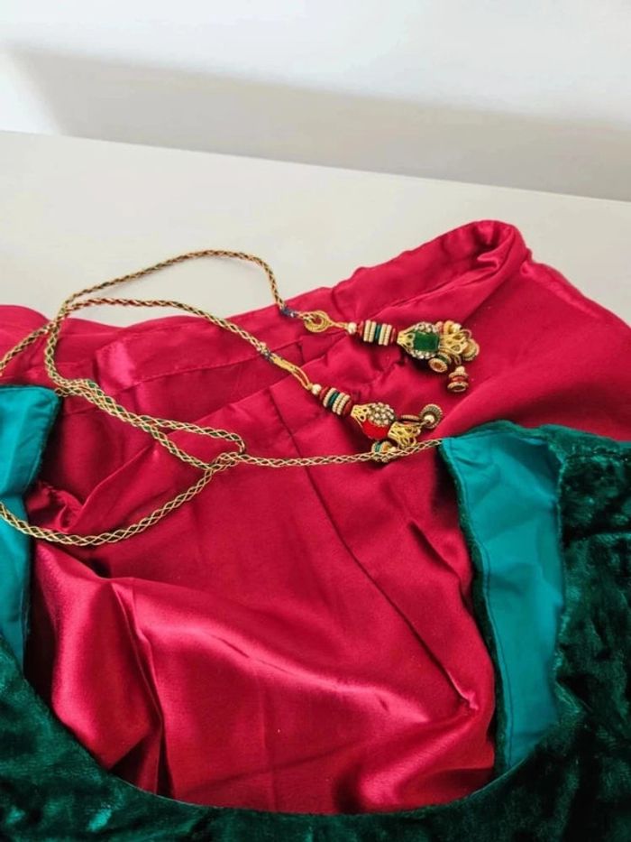 Véritable magnifique sari île Maurice brodé fait à la main rouge et vert velour robe indienne - photo numéro 10