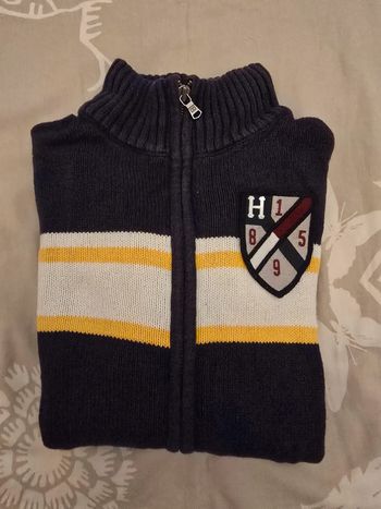 🌟 Pull col camioneur full zipp bleu marine Tomly Hilfiger enfant - Taille 8/10 ans 🌟
