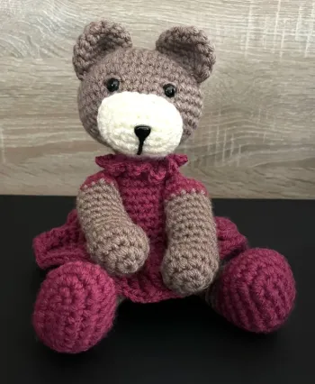 🐻 Peluche nounours au crochet fait main marron & rose fuchsia 9-12 mois / 74 cm Neuf avec étiquette