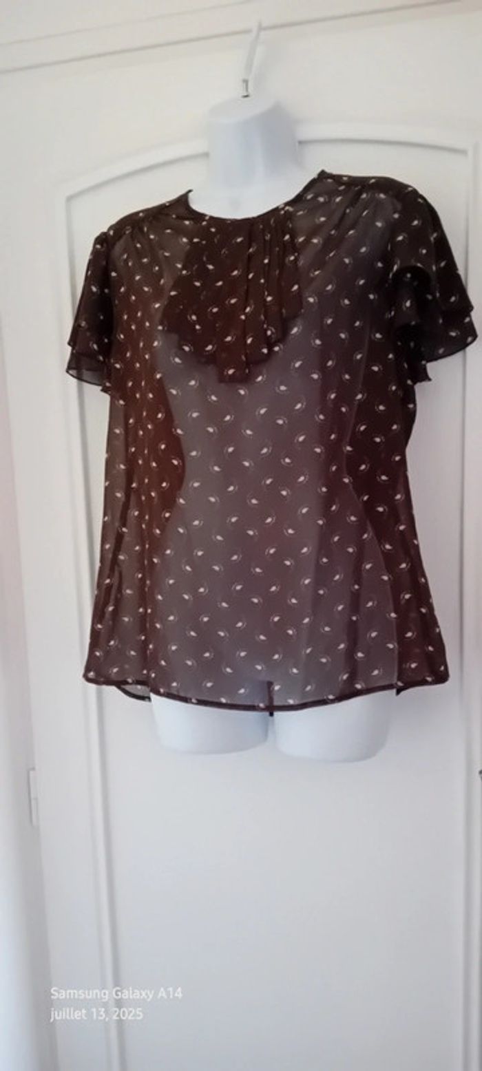 Blouse en voile manches volantées col cravate motif plumes marron femme L - photo numéro 6