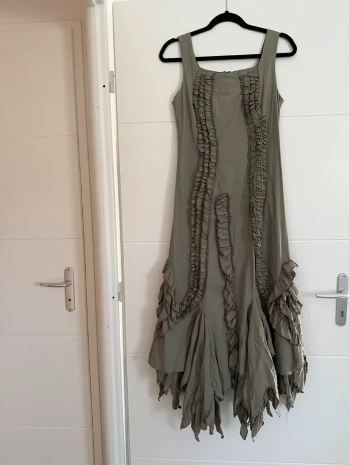 Robe longue kaki femme bretelles été volant L33 coton zip midi woman donna mujer S M - photo numéro 4