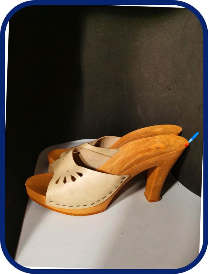 très belle sandale bois véritable cuir vintage taille 40