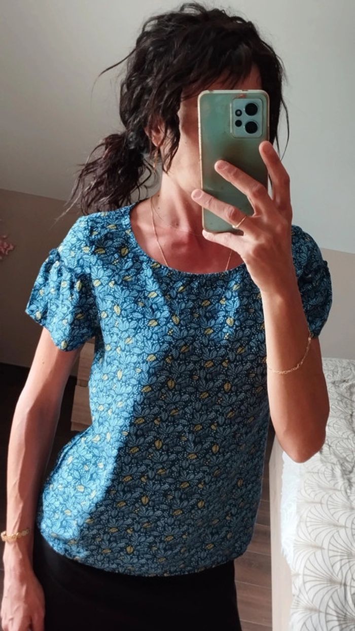 Blouse manches courtes EDC bleu feuillage TS