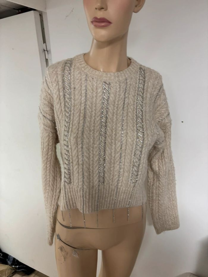 Pull court crème Zara à franges métallique – Taille S - photo numéro 6