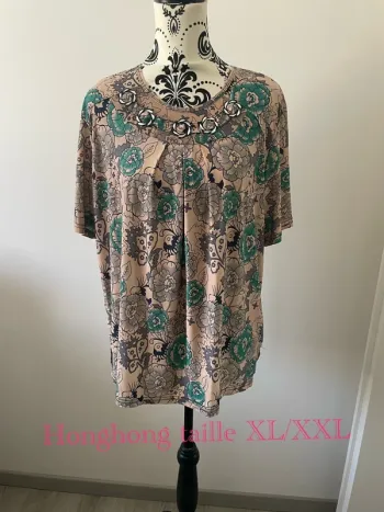 T-shirt tunique manches courtes col bijou rond rose à motifs fleuris vert noir honghong très 42