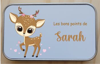 Boîte à bons points personnalisée prénom - Faon fleuri - Boîte métal 10x6 cm - Cadeau fille école maternelle ou CP