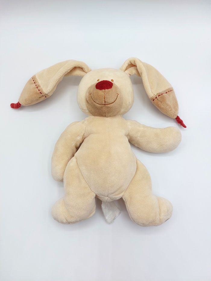 Ancien doudou peluche lapin Bastien NICOTOY beige marron rouge bordeaux 25 cm - photo numéro 4