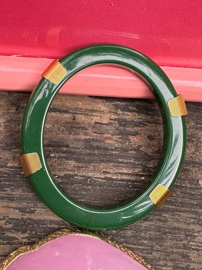 Jonc plat épais résine verte et acier inoxydable or 6,5 cm de diamètre mile Mila - photo numéro 4