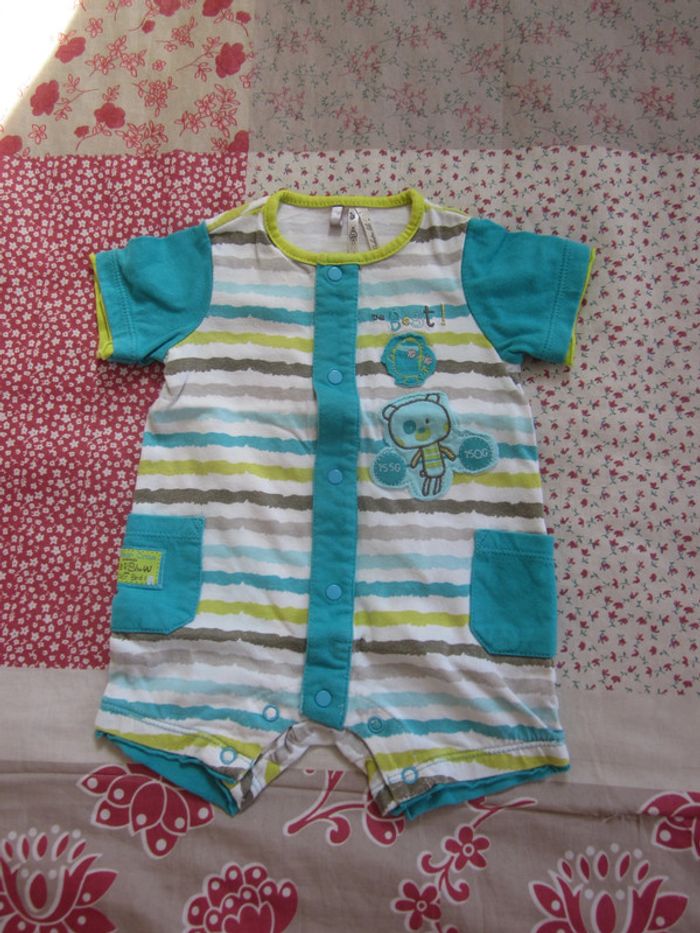 Barboteuse blanche et turquoise garçon 3 mois