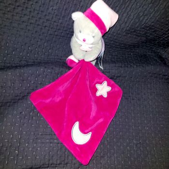 Doudou mouchoir chat gris rose fuchsia luminescent lune étoile BABY NAT 