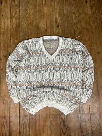Pull maille vintage col v coton lin motifs rayures multicolore M Made in UK